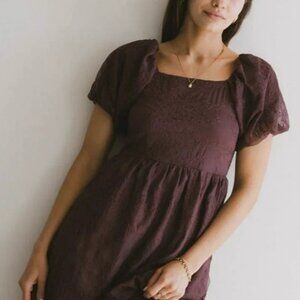 Bohme Dress Sz XL Karrie Embroidered Lace Overlay Puff Sleeves Dark Wine Color